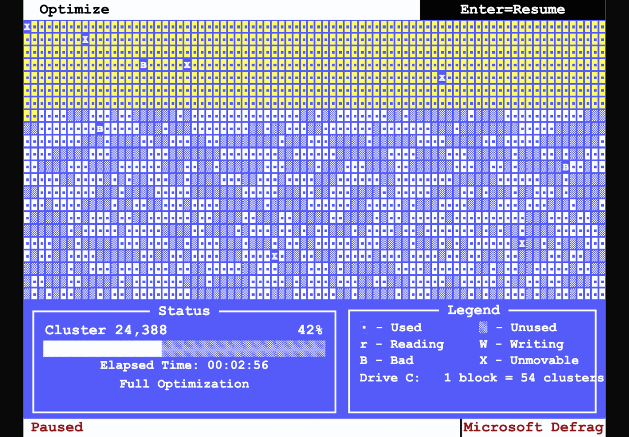Browser recreation of MS-DOS 6.22 DEFRAG paused at 42 percent