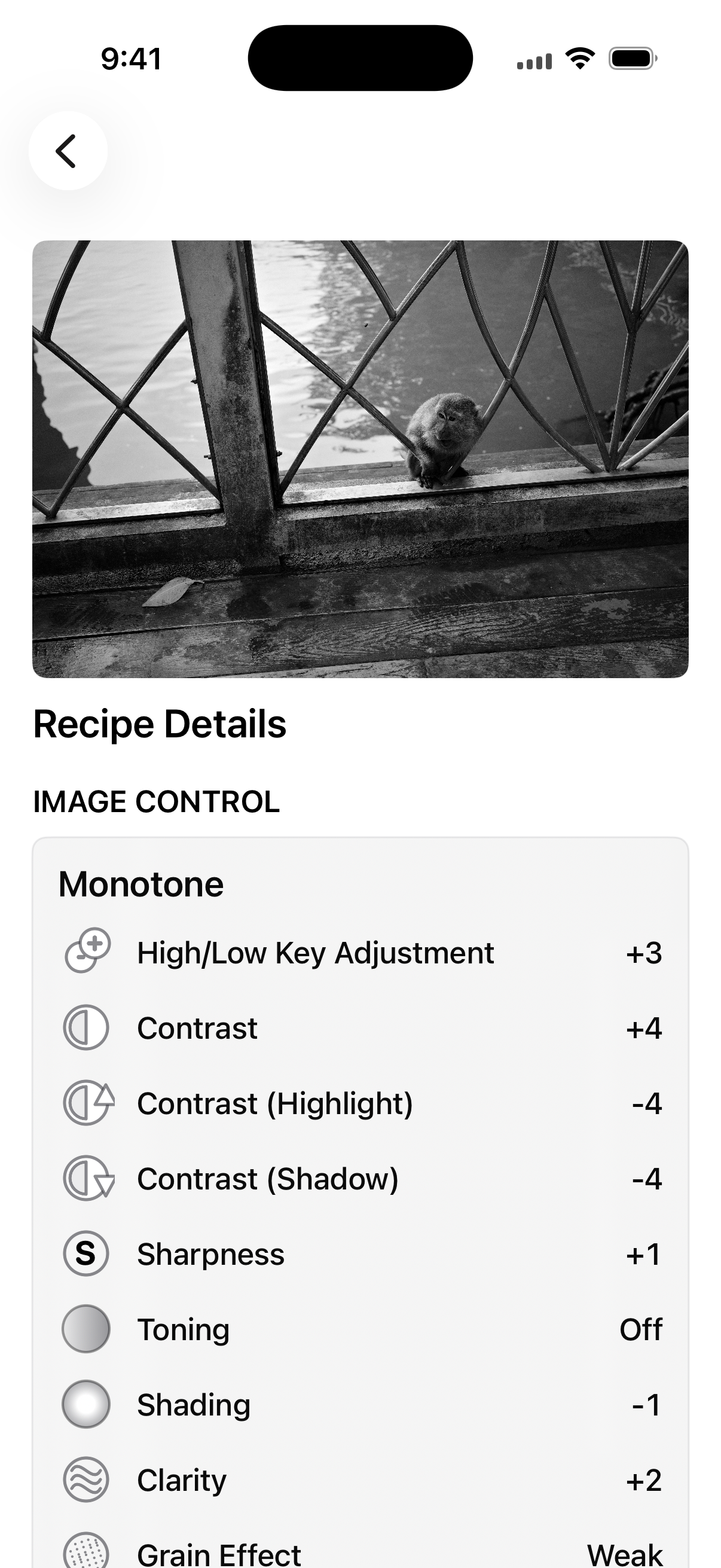 GR Recipe Reveal detail screen showing Image Control and white balance settings