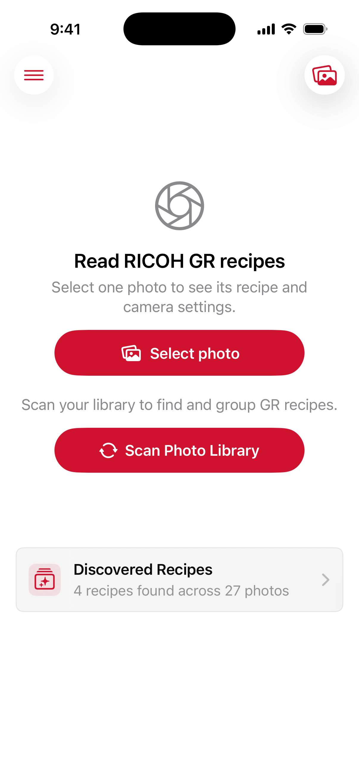 GR Recipe Reveal home screen with options to select one photo or scan a photo library