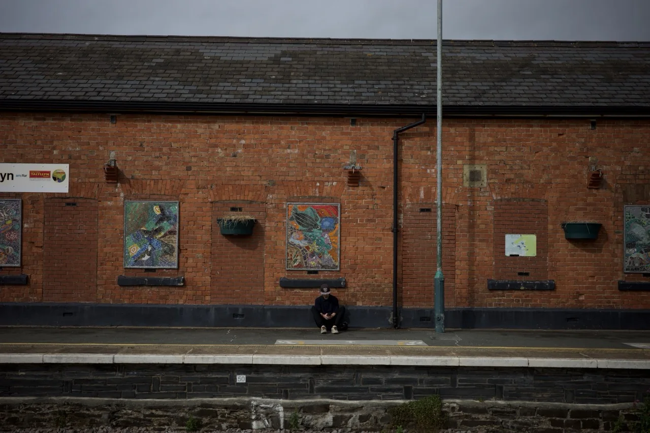 A person seated beneath mosaic panels on a long red brick wall