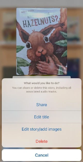 SnugStories menu for sharing, renaming, editing, or deleting a story