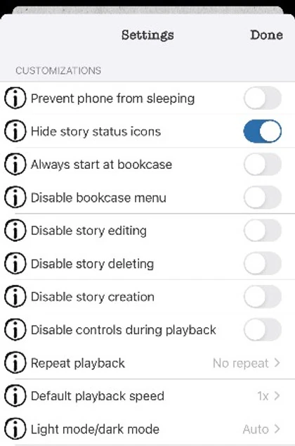 SnugStories settings for editing, playback, repeat, and speed